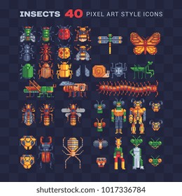 Insects pixel art icon set. Bee, snail, butterfly, ladybug, grasshopper, dragonfly, fly, wasp, bug, ant. Sticker, logo and embroidery design. Different types insects isolated vector illustration. 