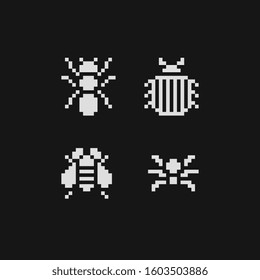 Insects pixel art icon set spider, bee, bag and ant. Sticker, logo and embroidery design. Different types insects isolated vector illustration. Video game assets.