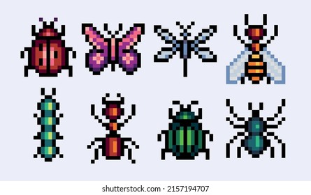 Insects pixel art set. Bugs and beetles collection. 8 bit sprite. Game development, mobile app.  Isolated vector illustration.