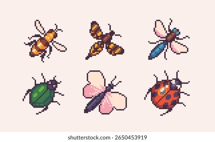 Inseta o conjunto de pixel-art. Coleção de insetos e besouros. sprite de 8 bits. Desenvolvimento de jogos, aplicativo móvel. Ilustração isolada de vetor.	