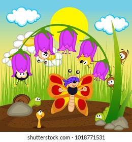 insects playing hide and seek - vector illustration, eps