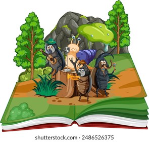 Insects playing instruments on an open book