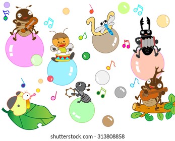 Insects playing music on a young leave and soap bubbles