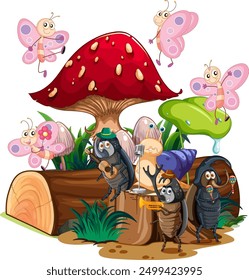 Insects playing music under colorful mushrooms