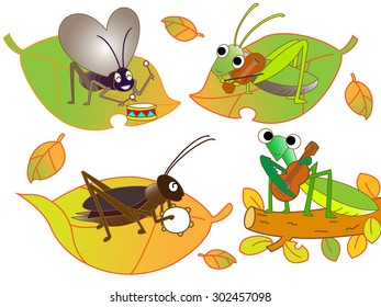 Insects playing a musical instrument in autumn nature