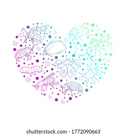 Insects. Printing on paper. Vector isolated illustration with insect.  Design for biology books. Butterfly, ant, beetle, ladybug, caterpillar, bee on a white background.
