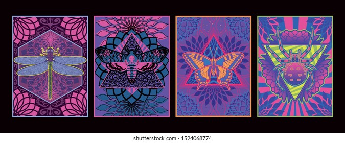 Insects. Psychedelic Art Style Posters, Backgrounds, Cover Templates, Dragonfly, Butterfly, Moth, Spider, Vintage Geometric Patterns