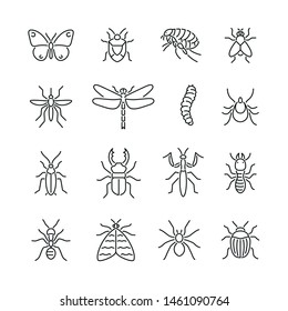 Insects related icons: thin vector icon set, black and white kit