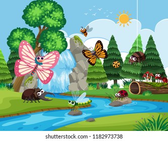 Insects in the river scene illustration