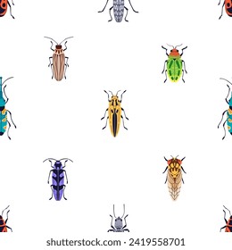 Insects, seamless nature pattern. Beetles and bugs, endless fauna background design for textile, fabric. Repeating print, texture, backdrop for summer wrapping. Repeatable flat vector illustration