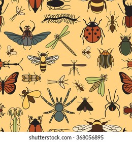 Insects seamless pattern. 24 pieces in set.  Vector illustration