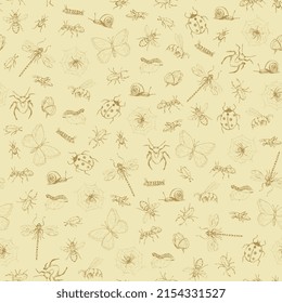 insects seamless pattern. Beetles, butterflies hand drawing in pencil, sketch.