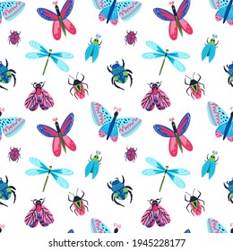 Insects seamless pattern. Cartoon doodle bright colorful butterfly and dragonfly, hand drawn moth and beetle, ladybug and bug, beautiful modern decor textile, wrapping wallpaper vector print or fabric