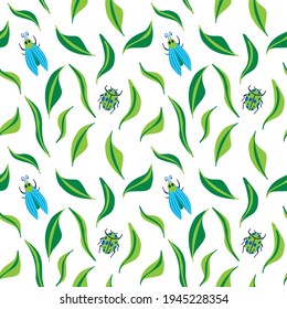 Insects seamless pattern. Cartoon doodle bright colorful hand drawn beetle, bug and green leaves, beautiful botanical decor textile, wrapping wallpaper vector floral print or fabric