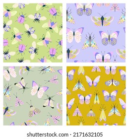 Insects seamless pattern collection. Butterfly, bugs, moth texture. Editable vector illustration.