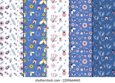 Insects seamless pattern collection vector with flowers and leaves. Beautiful endless pattern bundle with bee and lady bug vector. Cute floral pattern decoration on blue and white backgrounds.