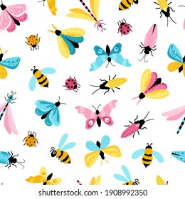 Insects seamless pattern. Colorful hand-drawn butterflies, dragonfly and beetles in a simple childish cartoon style. Isolated over white background. Ideal for summer textiles, wrapping paper