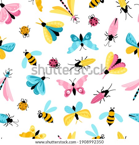 Insects seamless pattern. Colorful hand-drawn butterflies, dragonfly and beetles in a simple childish cartoon style. Isolated over white background. Ideal for summer textiles, wrapping paper