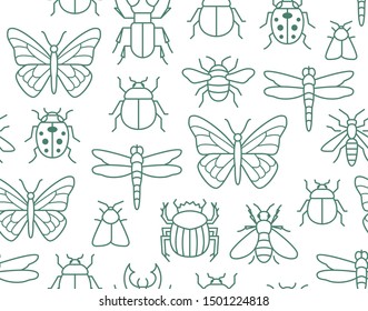 Insects seamless pattern with flat line icons. Background - butterfly, bug, dung beetle, scarab, bee, ladybug vector illustrations. Outline signs of field insect.