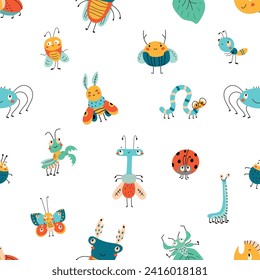 Insects seamless pattern. Hand drawn insect fabric print. Childish doodle nature characters, cute bug and butterfly. Nowaday vector cartoon design