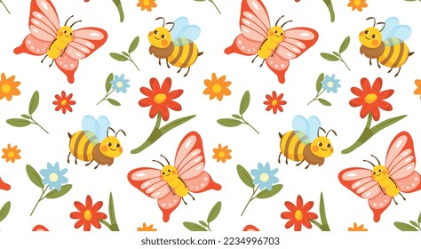 Insects seamless pattern. Repeating design element for printing on fabric. Plants, flora and fauna. Symbol of spring season. Bee and butterfly next to flowers. Cartoon flat vector illustration
