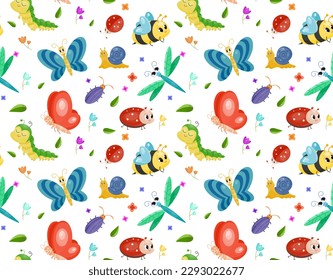 Insects seamless pattern. Repeating design element for printing on fabric. Butterfly, caterpillar and dragonfly. Flora and fauna, wild life. Spring and summer. Cartoon flat vector illustration