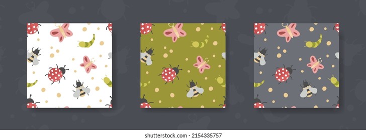 Insects seamless pattern. Seamless spring background in different colors. Vector clipart.