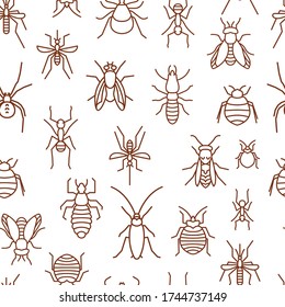 Insects seamless pattern. Summer fashion. Fabric wallpaper print texture. Editable vector illustration in brown color isolated on white background. Entomology, biology, botany concept.