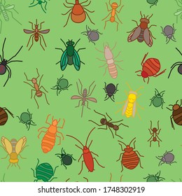 Insects seamless pattern. Summer fashion. Fabric wallpaper print texture. Editable vector illustration in bright colors isolated on green background. Entomology, biology, botany concept.