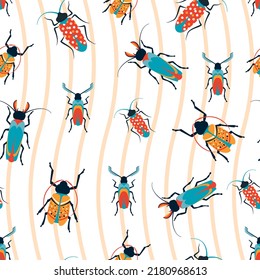 Insects seamless pattern. Wildlife beetle. Colorful insects on striped background. Vector illustration. Eps10. 