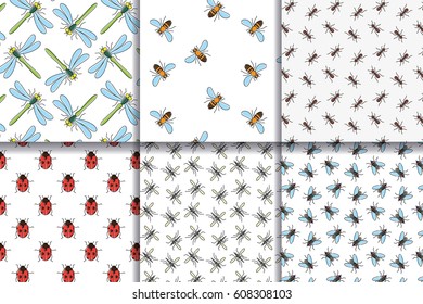 Insects seamless patterns collection.