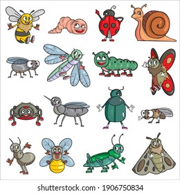 Insects set: bee, worm, ladybug, snail, fly, dragonfly, caterpillar, butterfly, spider, mosquito, beetle, ant, bee, grasshopper, moth Vector illustration