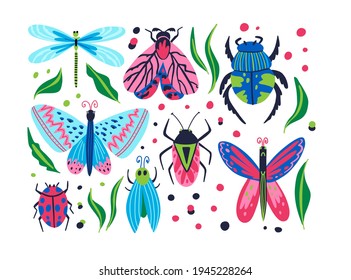 Insects set. Cartoon doodle bright colorful butterfly and dragonfly, hand drawn moth and beetle, ladybug and bug, beautiful pink and blue modern decor collection, vector isolated illustration