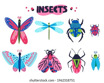 Insects set. Cartoon doodle bright colorful butterfly and dragonfly, hand drawn moth and beetle, ladybug and bug, beautiful pink and blue modern decor collection, vector isolated illustration