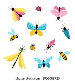 Insects set. Colorful hand-drawn butterflies, dragonfly and beetles in a simple childish cartoon style. Isolated over white background