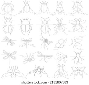 insects set drawing in one continuous line, isolated vector