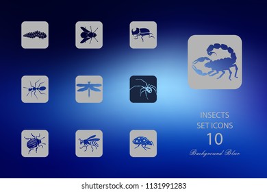 Insects. Set of flat icons on blurred background. Vector illustration