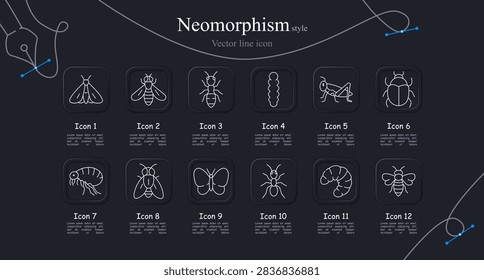 Insects set icon. Moth spreads wings. Bee flies busy. Ant carries load. Larva curls soft. Grasshopper leaps far. Beetle crawls hard. Flea jumps quick. Fly buzzes loud. Butterfly flutters light. Spider