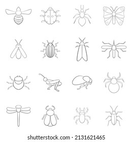 Insects set icons in outline style isolated on white background