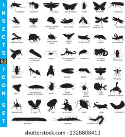 insects set silhouette, on white background, isolated, vector icons