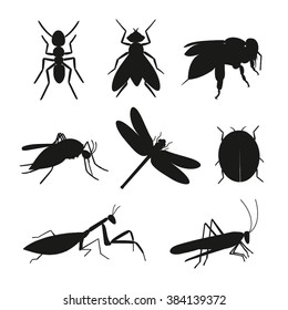 Insects silhouette vector set. Black Insects collection of ant, fly, bee, mosquito, dragonfly, beetle, ladybug, mantis, grasshopper. Insect  isolated on white background.