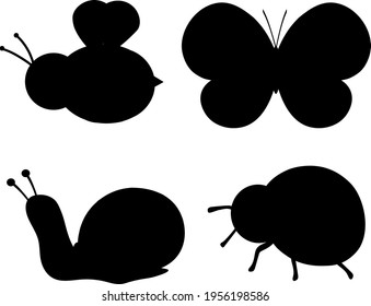 Insects silhouettes graphics vector illustration. Bee Ladybug Snail Butterfly black colors