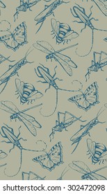 Insects sketch decorative seamless pattern with dragonfly, fly, butterfly, beetle, grasshopper. Hand drawn vector illustration.