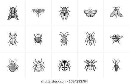 Insects sketch icon set for web, mobile and infographics. Hand drawn Insects vector icon set isolated on white background.