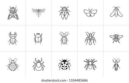 Insects sketch icon set for web, mobile and infographics. Hand drawn insects vector icon set isolated on white background.