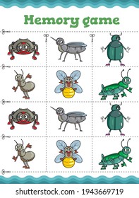 Insects: spider, mosquito, bee, ant, beetle, grasshopper Memory game. Educational game for children. Cartoon vector illustration.