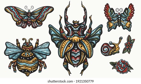 Insects. Stag beetle, bee, bumblebee, butterfly and snail. Old school tattoo vector art. Hand drawn cartoon set. Isolated on white. Traditional tattooing style 