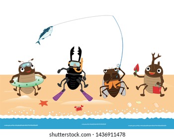Insects such as beetles and stag beetles and cicada enjoy fishing, swimming and shelling.