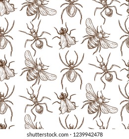 Insects that fly and creep monochrome sepia sketches seamless pattern.