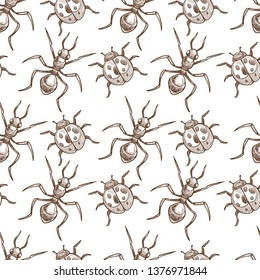 Insects that fly and creep seamless pattern. Big dragonfly, beautiful butterfly, tiny ant, scary spider, short worm, cute bee and round ladybug isolated cartoon flat vector illustrations set.